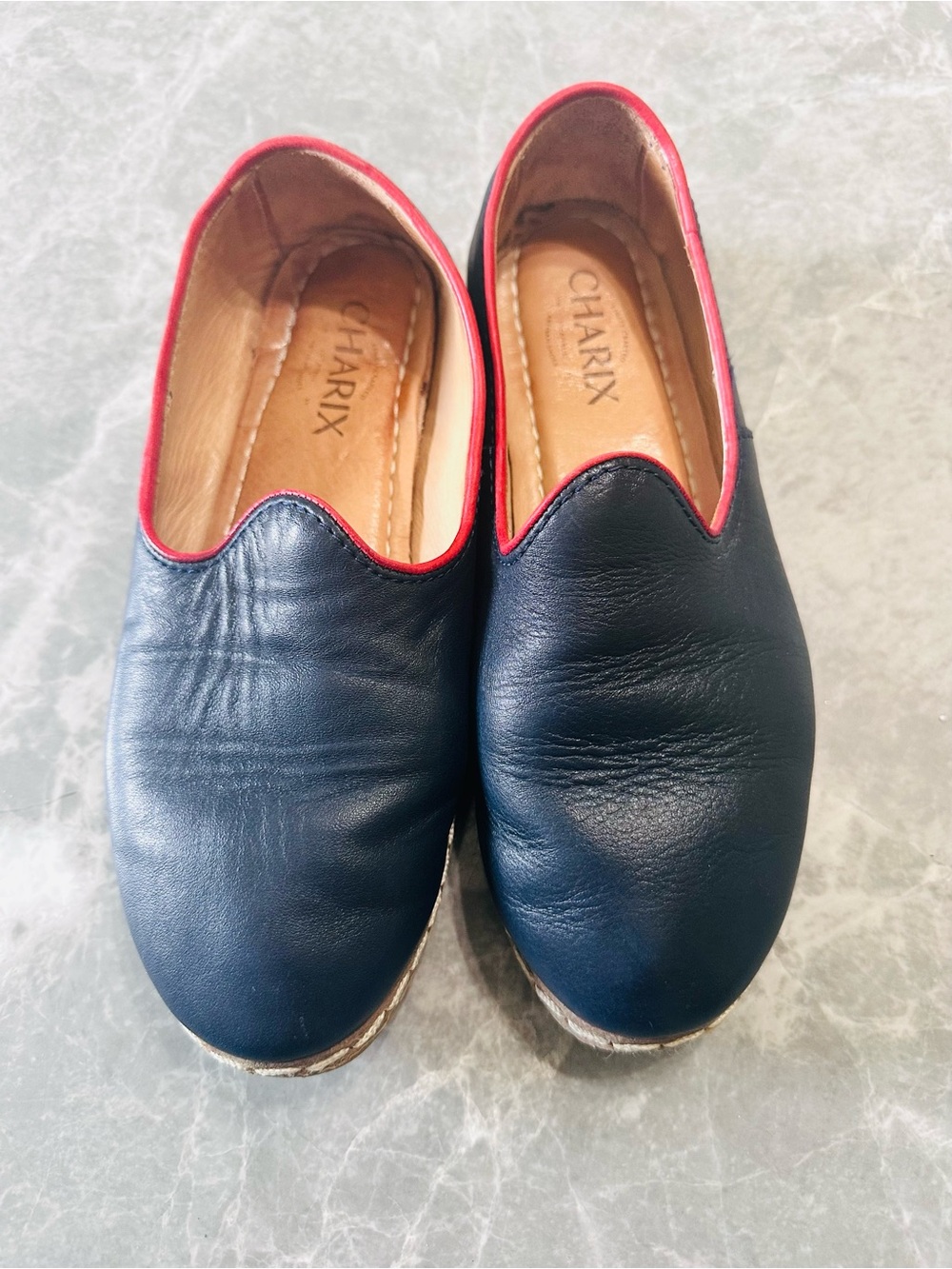 Charix Women's Leather Slip-On Shoes, Size EU 37 US 6.5-7Dark Navy with Red Trim